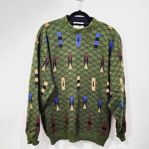 Vintage 90’s Fiii Mens Knit Sweater Green Made in Italy Crewneck Graphic Size L